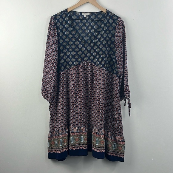 JODIFL Dresses & Skirts - Jodifl Mixed Print Boho Long Puff Sleeve Tunic Dress Top Womens Size L